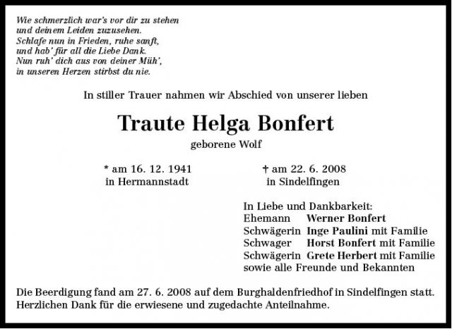 Wolf Traute Helga 1941-2008 Todesanzeige